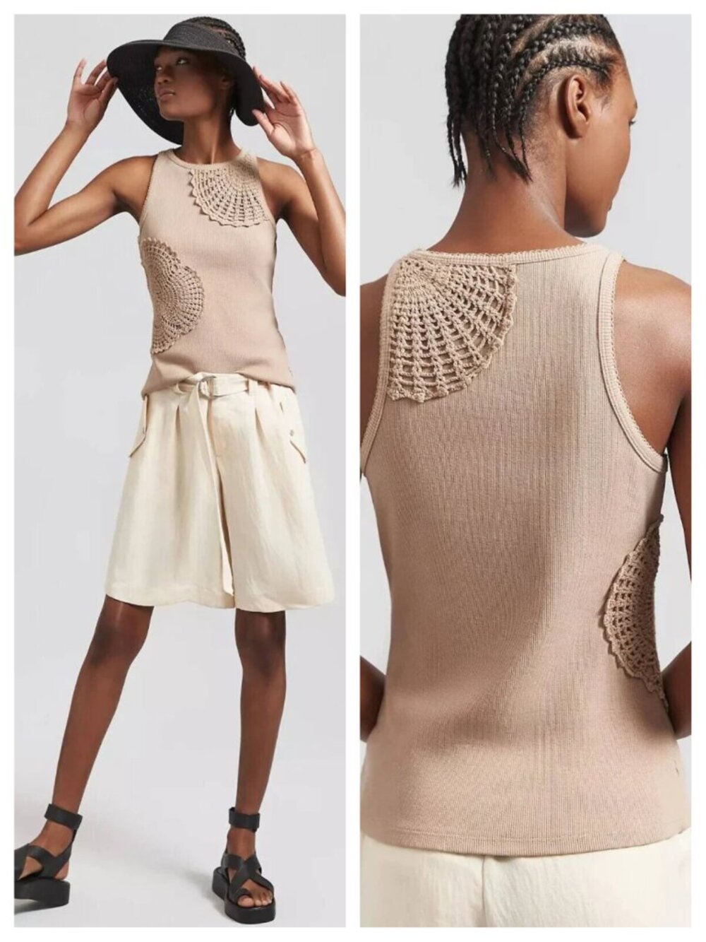 NWT Anthropologie Crochet Lace Appliqué Sleeveless Tank Top L Taupe